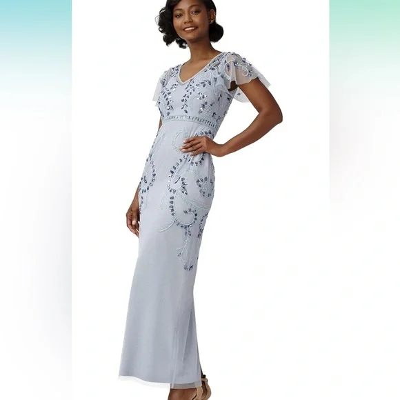 Adrianna Papell | Dresses | Adrianna Papell Womens Beaded Flutter Gown In  Glacier | Poshmark